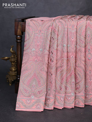 Georgette saree peach pink with allover embroidery & stone work