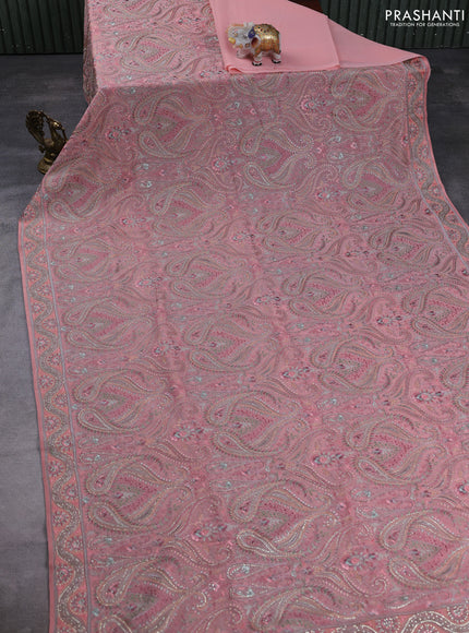 Georgette saree peach pink with allover embroidery & stone work