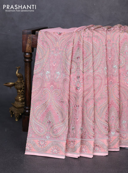Georgette saree light pink with allover embroidery & stone work