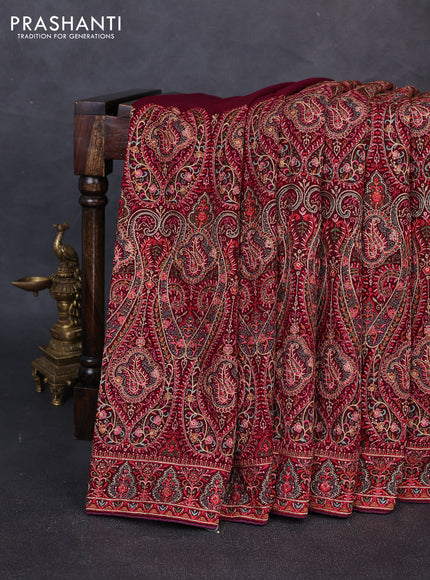 Georgette saree deep wine with allover embroidery & stone work