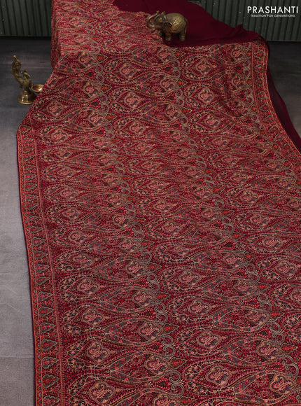 Georgette saree deep wine with allover embroidery & stone work