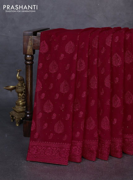 Georgette saree red with allover embroidery buttas & stone work and embroidery & stone work border