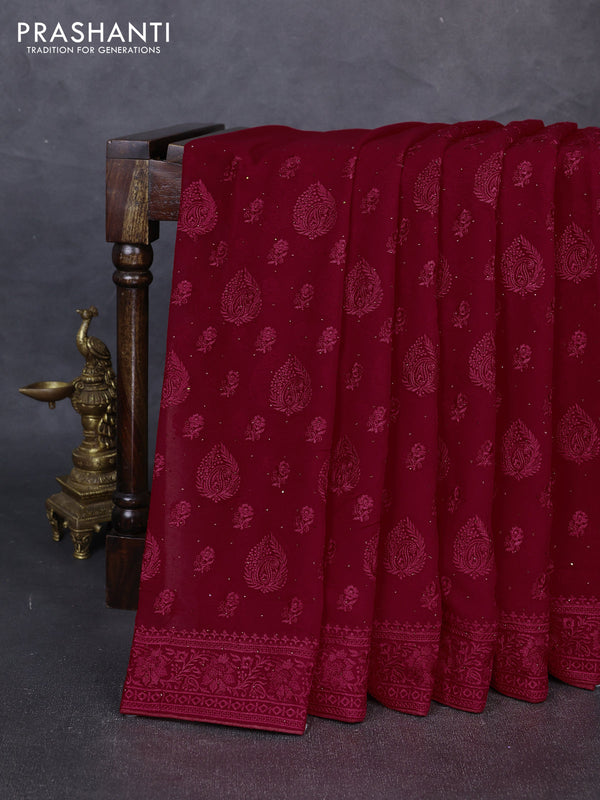 Georgette saree red with allover embroidery buttas & stone work and embroidery & stone work border