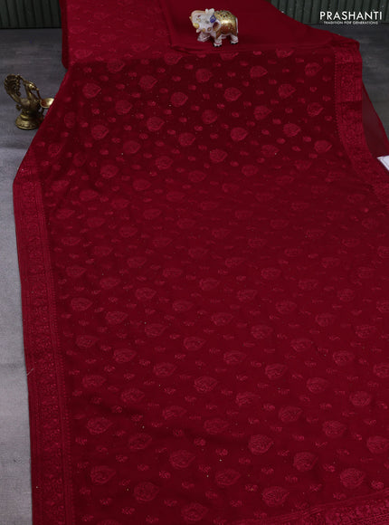 Georgette saree red with allover embroidery buttas & stone work and embroidery & stone work border