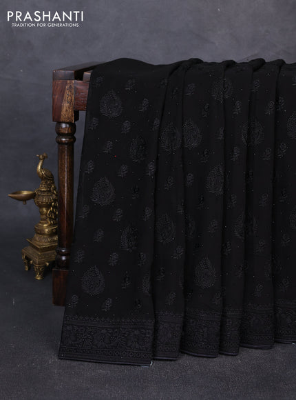 Georgette saree black with allover embroidery buttas & stone work and embroidery & stone work border