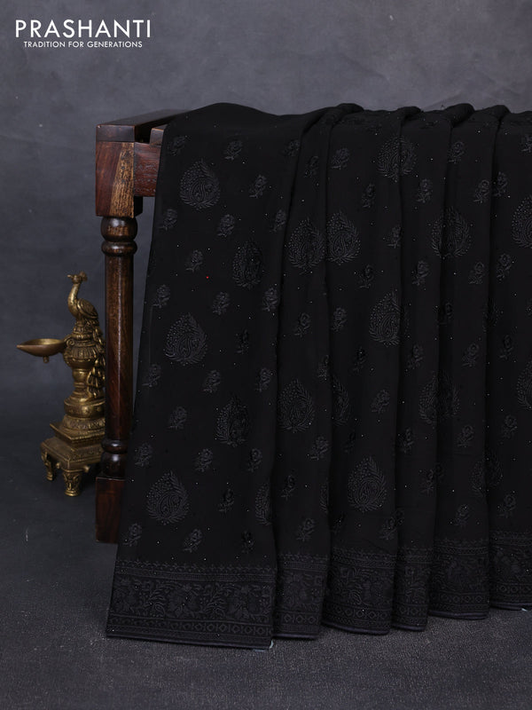 Georgette saree black with allover embroidery buttas & stone work and embroidery & stone work border