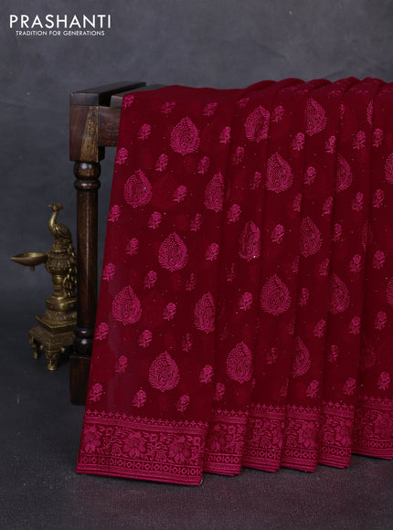 Georgette saree maroon pink with allover embroidery buttas & stone work and embroidery & stone work border