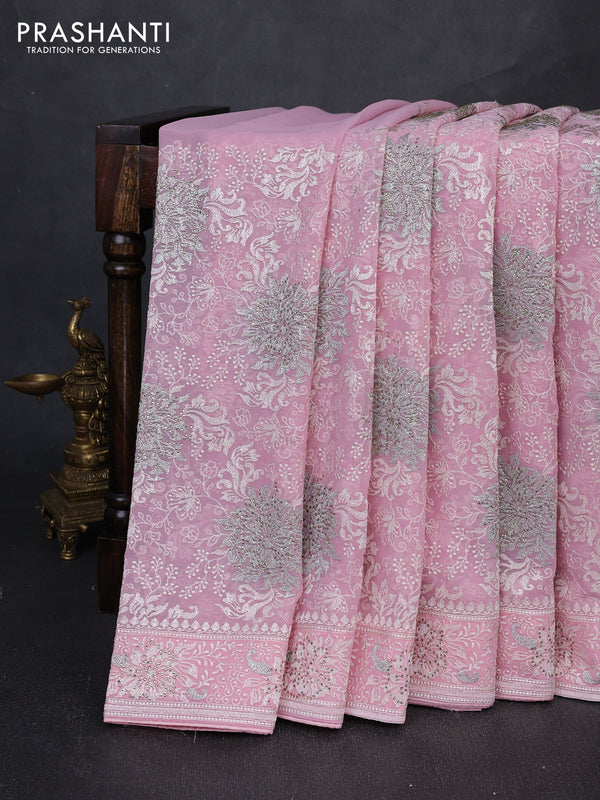 Georgette saree light pink with allover embroidery & stone work