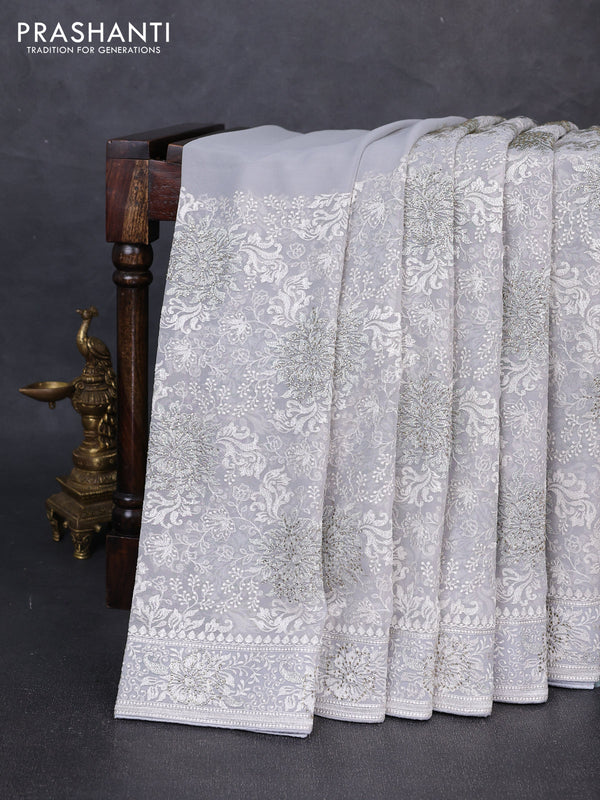 Georgette saree grey with allover embroidery & stone work
