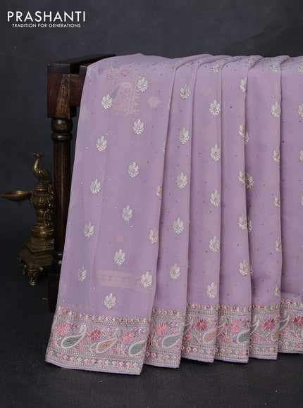 Georgette saree lavender with allover embroidery buttas & stone work and embroidery & stone work border