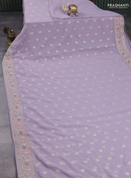 Georgette saree lavender with allover embroidery buttas & stone work and embroidery & stone work border