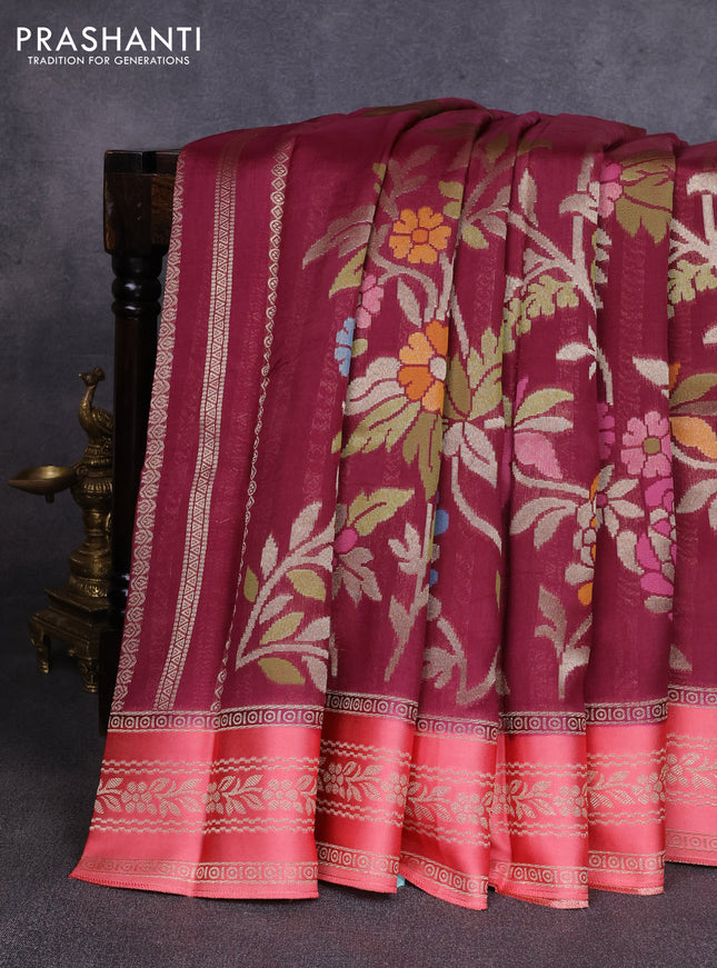 Kosa jamdhani silk saree wine shade and peach pink with allover thread & zari weaves and zari woven border