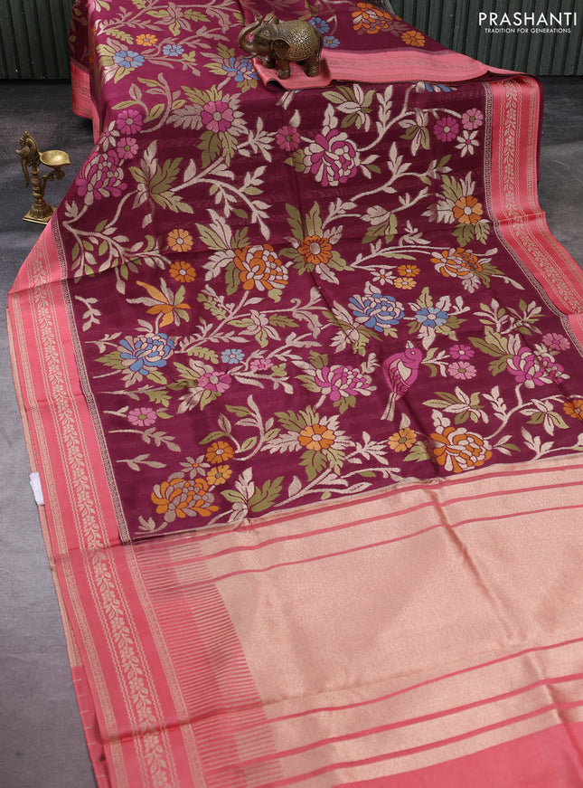 Kosa jamdhani silk saree wine shade and peach pink with allover thread & zari weaves and zari woven border