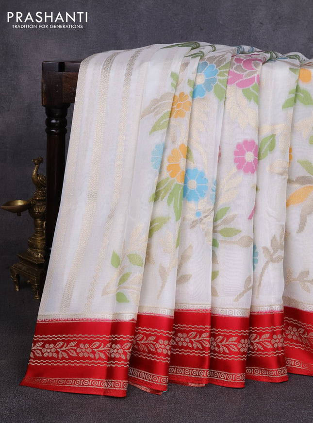 Kosa jamdhani silk saree off white and red with allover thread & zari weaves and zari woven border