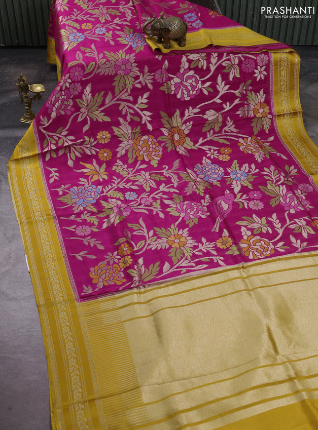 Kosa jamdhani silk saree pink and mustard yellow with allover thread & zari weaves and zari woven border