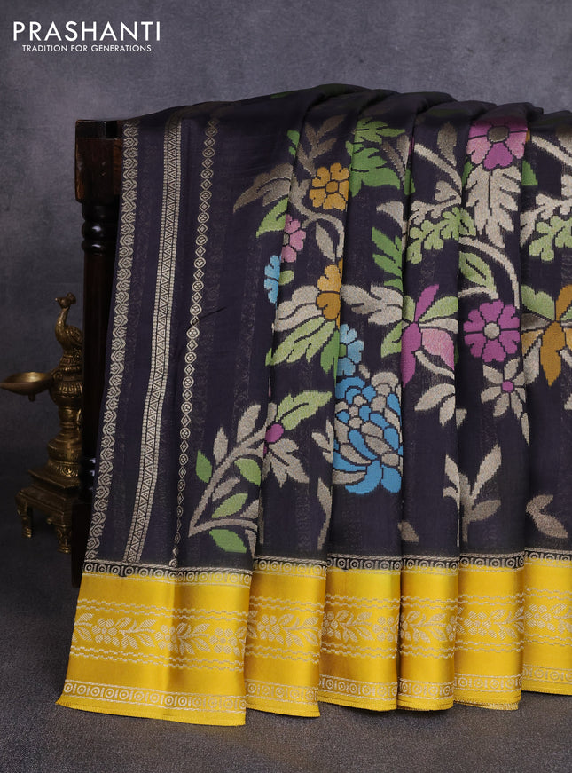 Kosa jamdhani silk saree black and yellow with allover thread & zari weaves and zari woven border