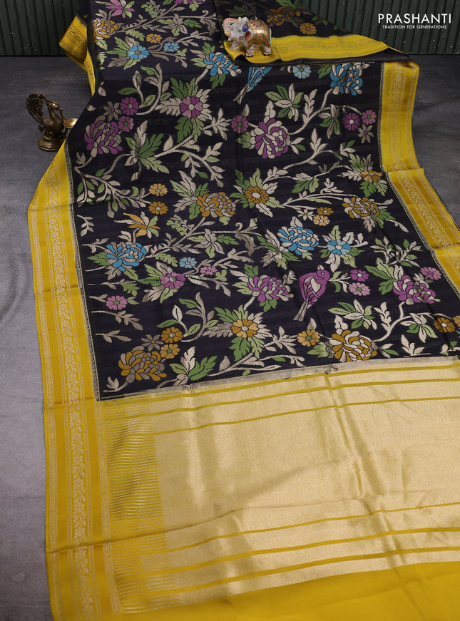 Kosa jamdhani silk saree black and yellow with allover thread & zari weaves and zari woven border