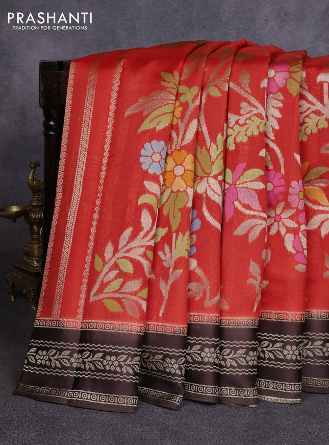Kosa jamdhani silk saree red and coffee brown with allover thread & zari weaves and zari woven border