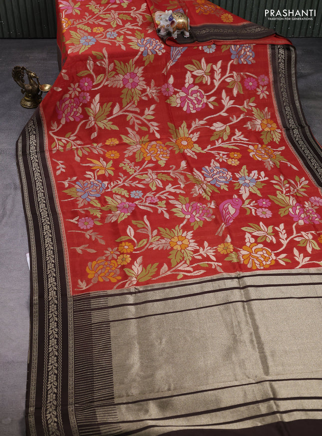 Kosa jamdhani silk saree red and coffee brown with allover thread & zari weaves and zari woven border