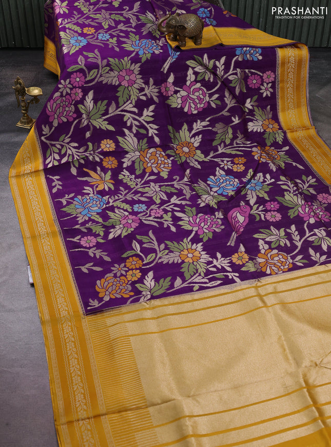 Kosa jamdhani silk saree violet and mustard yellow with allover thread & zari weaves and zari woven border
