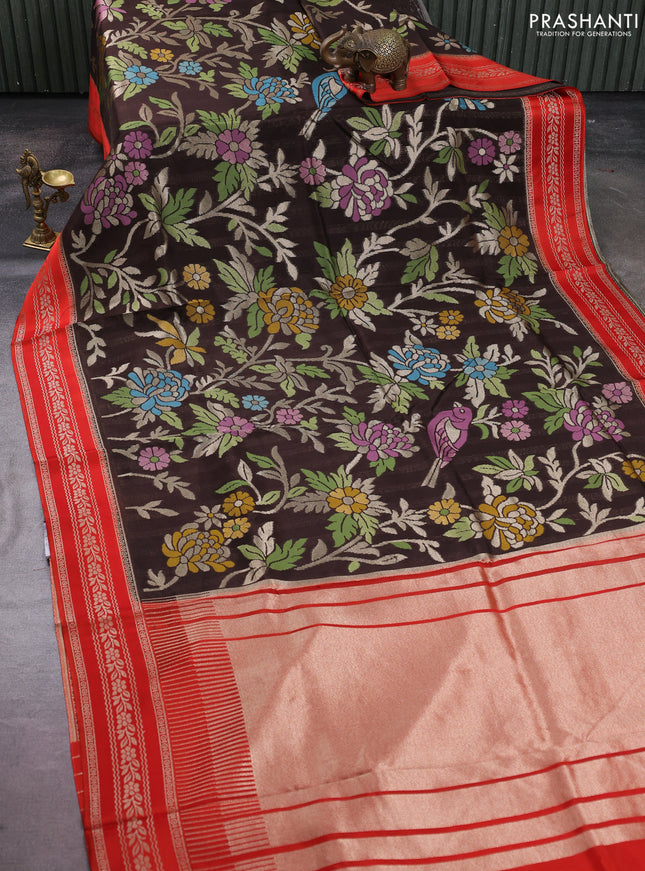 Kosa jamdhani silk saree coffee brown and orange with allover thread & zari weaves and zari woven border
