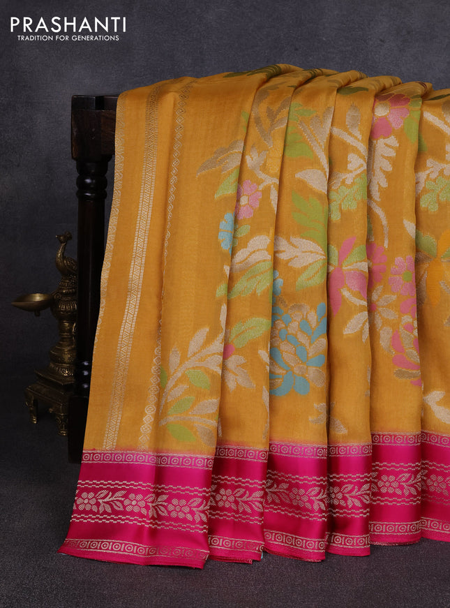 Kosa jamdhani silk saree mustard yellow and pink with allover thread & zari weaves and zari woven border
