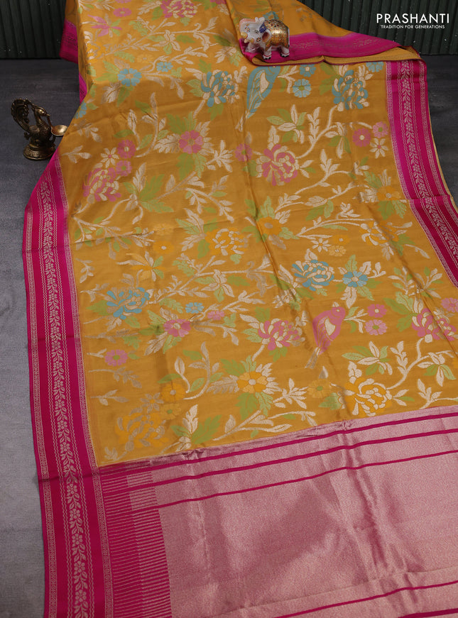 Kosa jamdhani silk saree mustard yellow and pink with allover thread & zari weaves and zari woven border