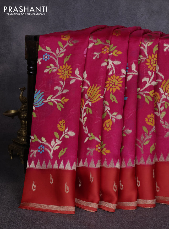 Kosa jamdhani silk saree pink and red with allover thread & zari weaves and temple design zari woven border