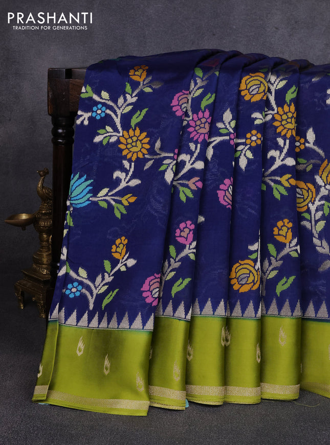 Kosa jamdhani silk saree peacock blue and light green with allover thread & zari weaves and temple design zari woven border