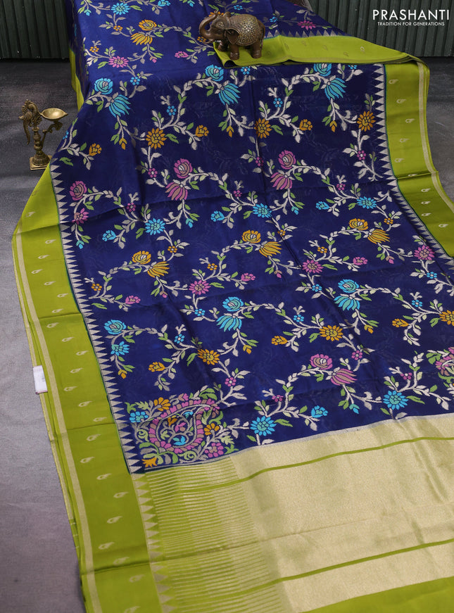 Kosa jamdhani silk saree peacock blue and light green with allover thread & zari weaves and temple design zari woven border