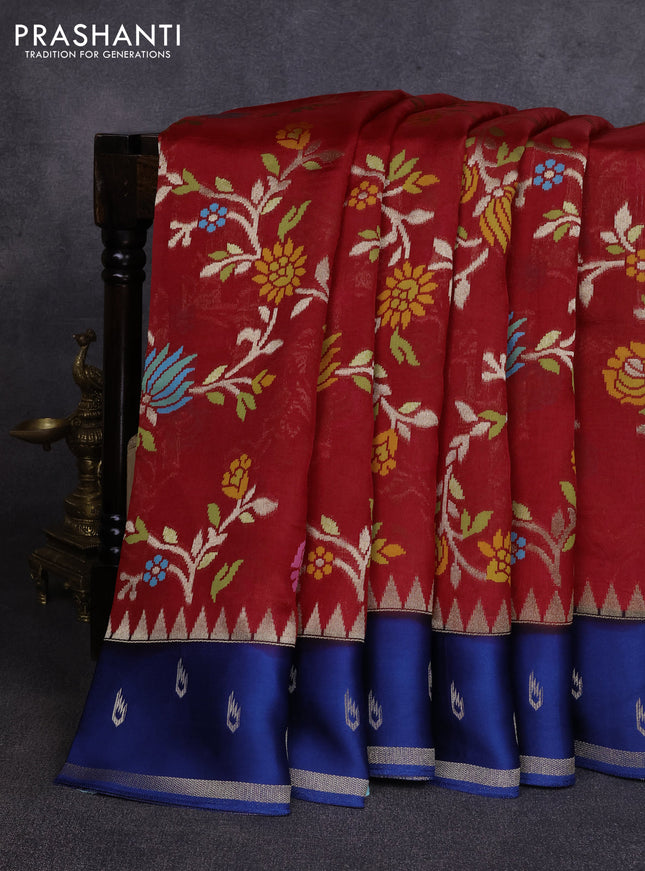Kosa jamdhani silk saree red and peacock blue with allover thread & zari weaves and temple design zari woven border