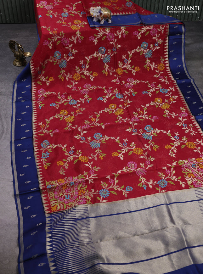 Kosa jamdhani silk saree red and peacock blue with allover thread & zari weaves and temple design zari woven border