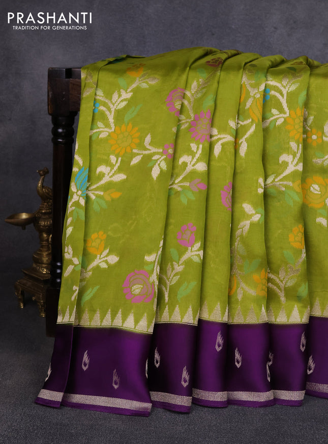 Kosa jamdhani silk saree light green and violet with allover thread & zari weaves and temple design zari woven border