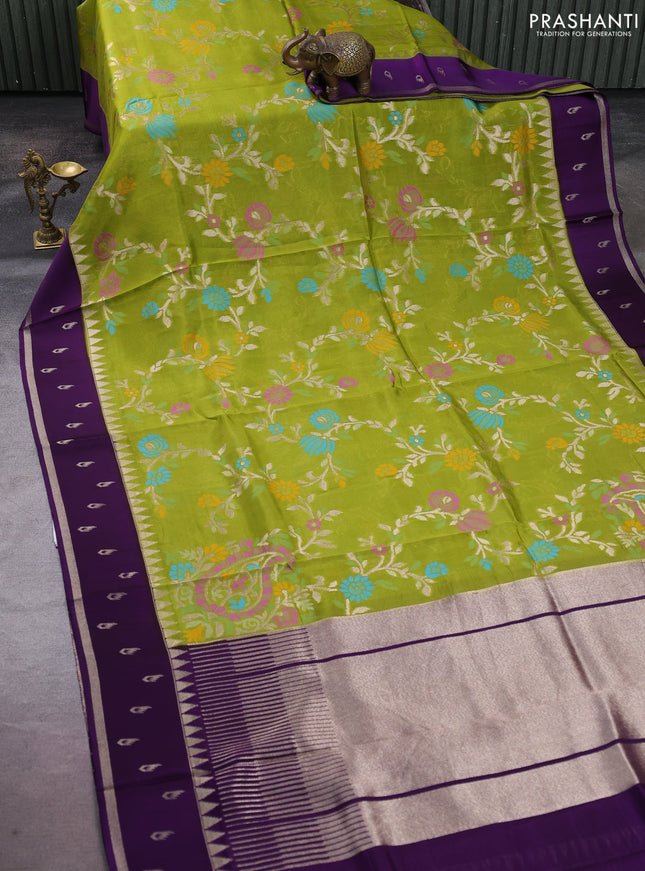 Kosa jamdhani silk saree light green and violet with allover thread & zari weaves and temple design zari woven border