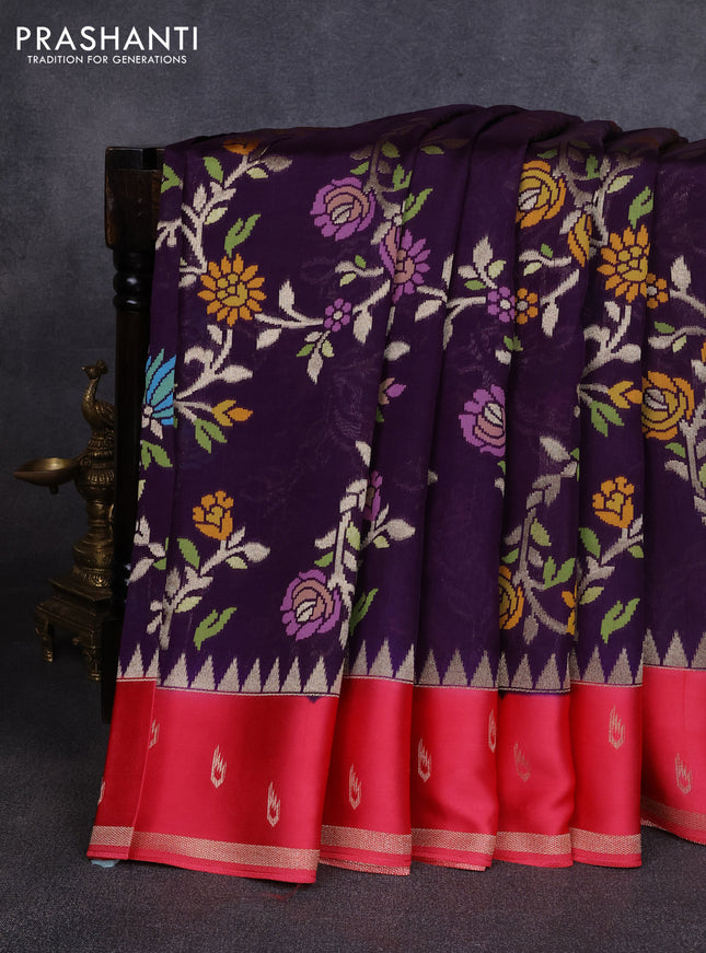 Kosa jamdhani silk saree deep violet and peach pink with allover thread & zari weaves and temple design zari woven border