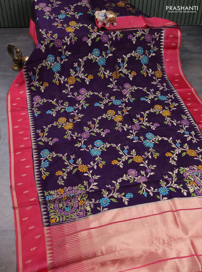 Kosa jamdhani silk saree deep violet and peach pink with allover thread & zari weaves and temple design zari woven border