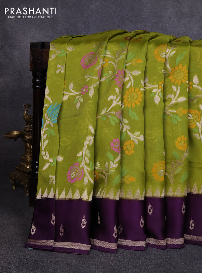 Kosa jamdhani silk saree light green and violet with allover thread & zari weaves and temple design zari woven border