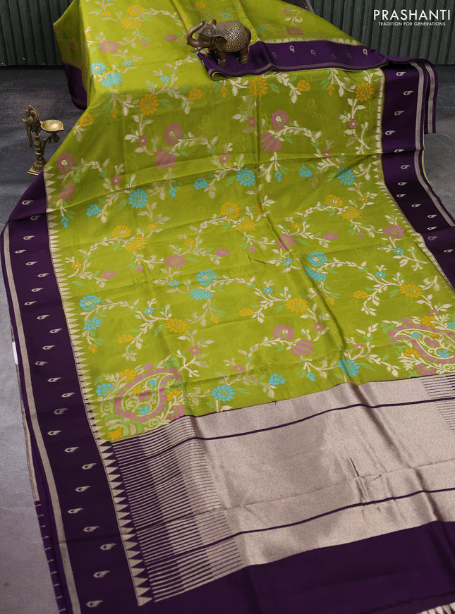 Kosa jamdhani silk saree light green and violet with allover thread & zari weaves and temple design zari woven border