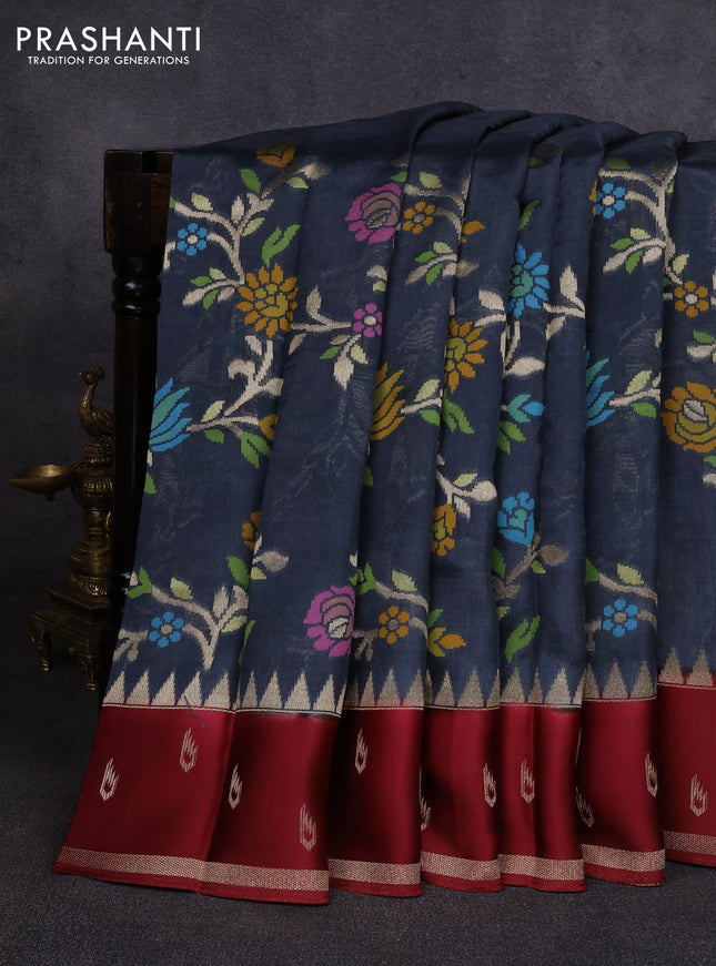 Kosa jamdhani silk saree grey and deep maroon with allover thread & zari weaves and temple design zari woven border