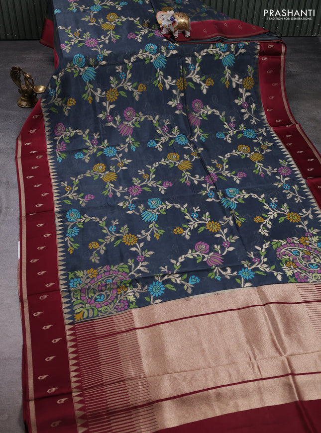 Kosa jamdhani silk saree grey and deep maroon with allover thread & zari weaves and temple design zari woven border