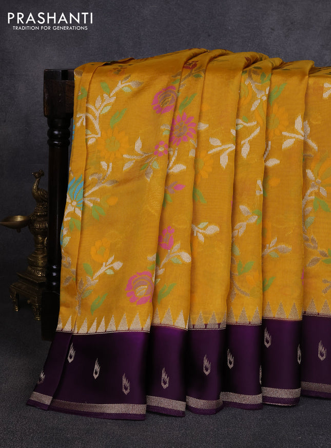 Kosa jamdhani silk saree mustard yellow and deep violet with allover thread & zari weaves and temple design zari woven border
