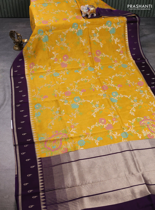 Kosa jamdhani silk saree mustard yellow and deep violet with allover thread & zari weaves and temple design zari woven border