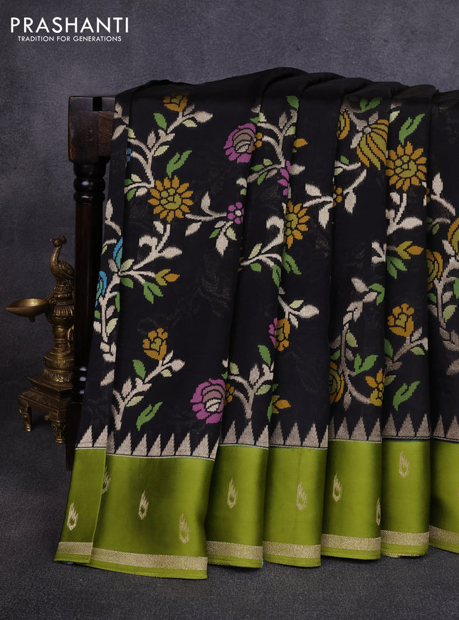 Kosa jamdhani silk saree black and light green with allover thread & zari weaves and temple design zari woven border