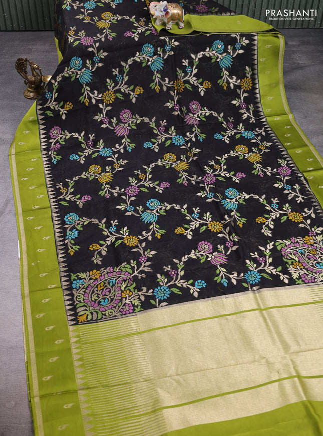 Kosa jamdhani silk saree black and light green with allover thread & zari weaves and temple design zari woven border