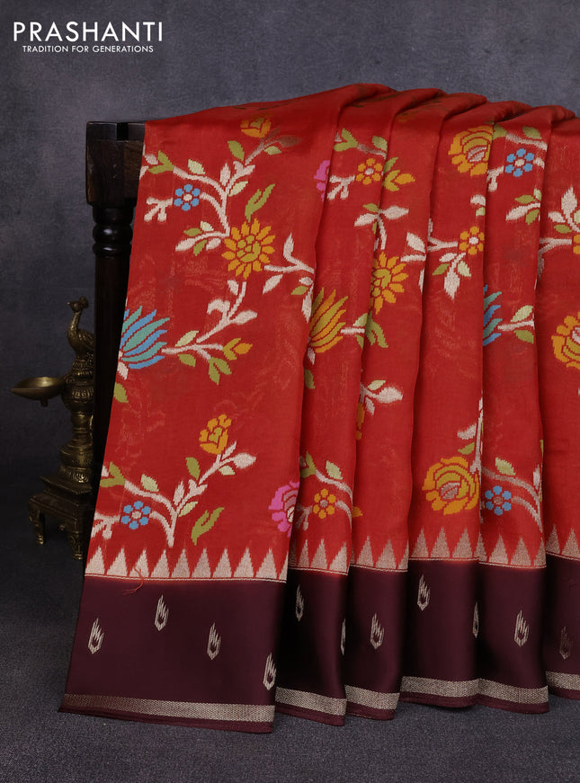 Kosa jamdhani silk saree orange and coffee brown with allover thread & zari weaves and temple design zari woven border