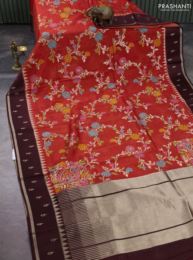 Kosa jamdhani silk saree orange and coffee brown with allover thread & zari weaves and temple design zari woven border