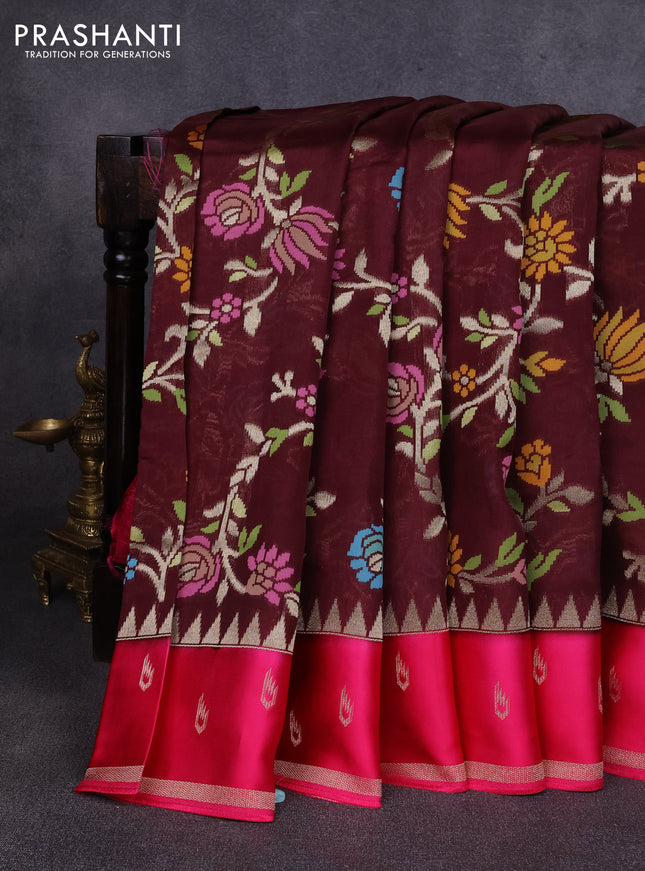 Kosa jamdhani silk saree coffee brown and pink with allover thread & zari weaves and temple design zari woven border
