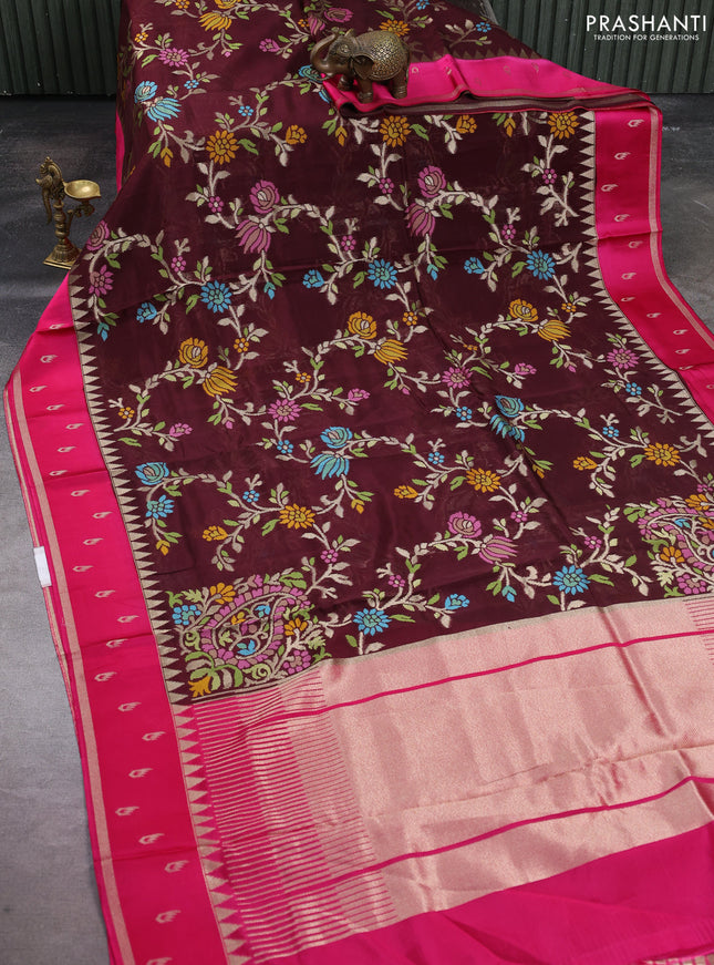 Kosa jamdhani silk saree coffee brown and pink with allover thread & zari weaves and temple design zari woven border
