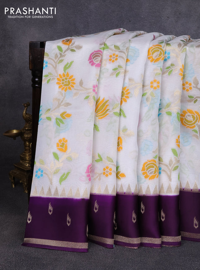 Kosa jamdhani silk saree off white and violet with allover thread & zari weaves and temple design zari woven border