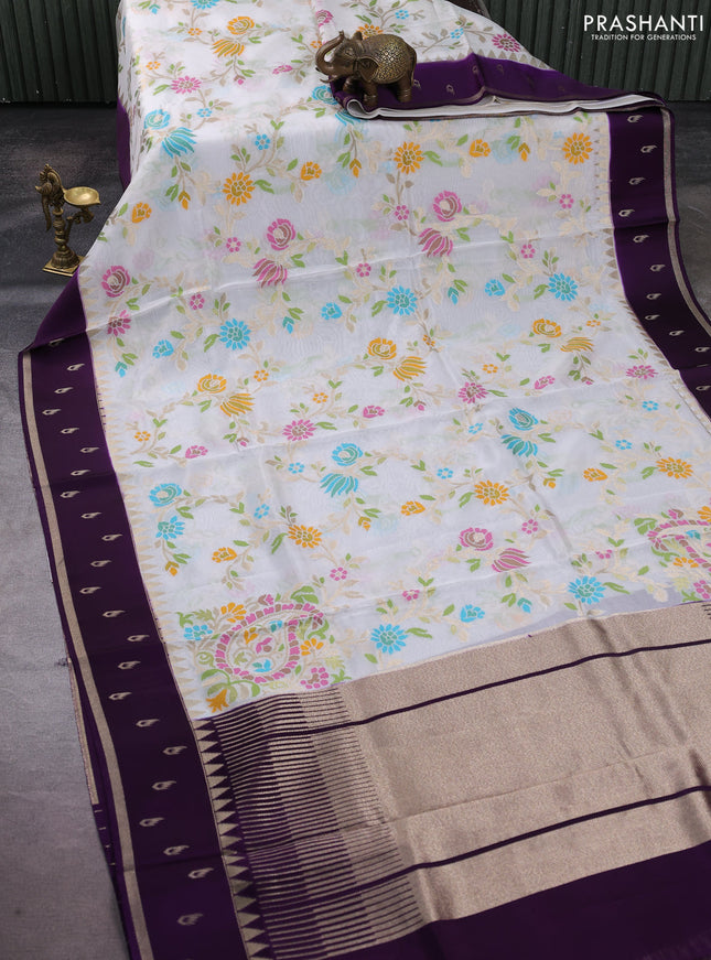 Kosa jamdhani silk saree off white and violet with allover thread & zari weaves and temple design zari woven border